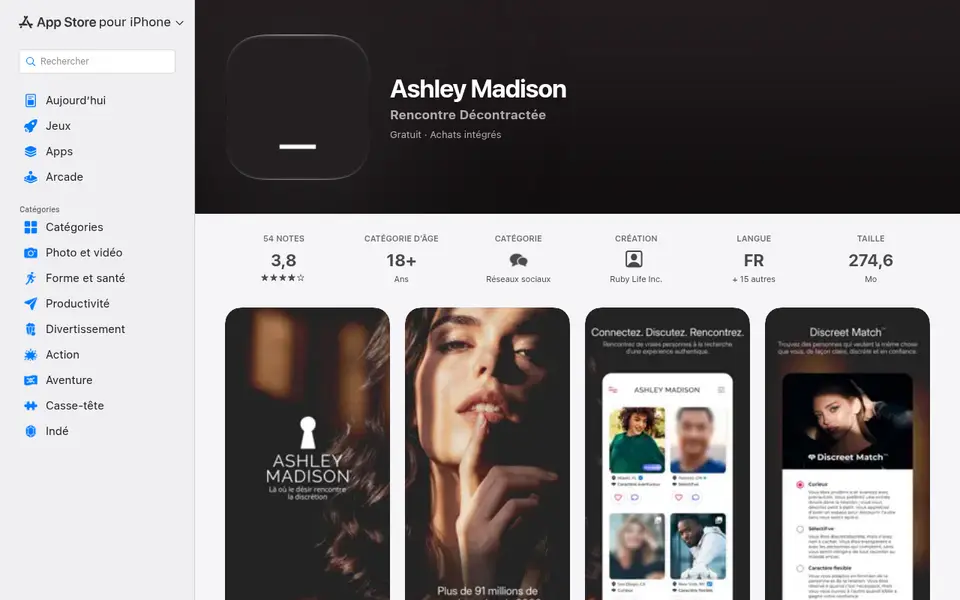 Ashley Madison avis: l'appli sur l'App Store belge, 3,8 sur 5 pour 54 notes