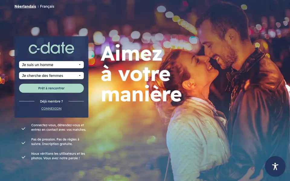 C-Date avis: la page d'accueil belge de c-date.be avec le formulaire d'inscription gratuite