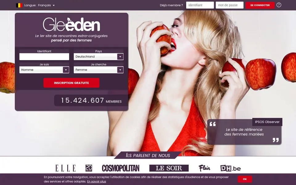 Gleeden avis: la page d'accueil avec le formulaire d'inscription et le compteur de membres
