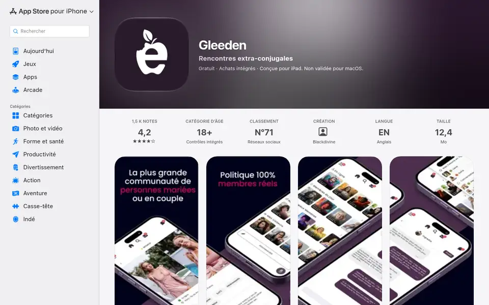 Gleeden avis: l'appli Gleeden sur l'App Store belge, notée 4,2 sur 5 pour 1515 notes