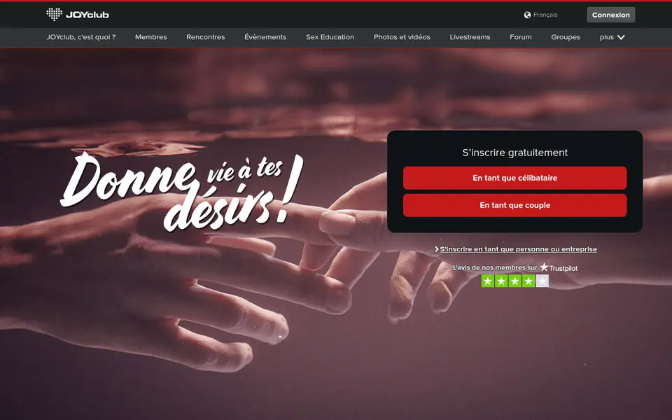 JOYclub avis: la page d'accueil française avec l'inscription en tant que célibataire ou couple