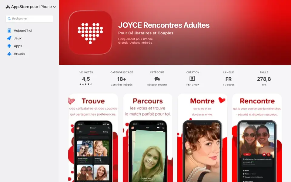 JOYclub avis: l'appli JOYCE Rencontres Adultes sur l'App Store belge, notée 4,5 sur 5