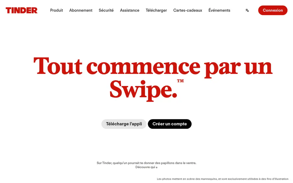 Tinder avis: la page d'accueil française, «Tout commence par un Swipe»