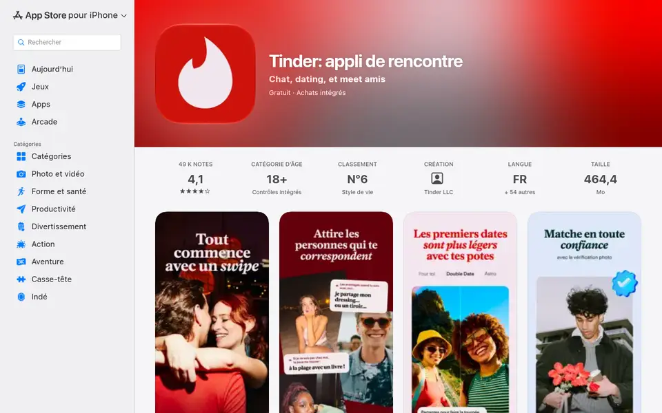 Tinder avis: la fiche de l'appli sur l'App Store belge, 4,1 sur 5 pour 48 502 notes