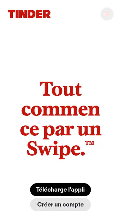 Tinder avis sur mobile: l'accueil du site avec le bouton de téléchargement de l'appli